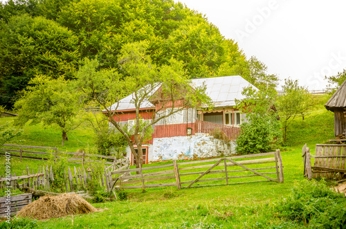 Old house in a rural transylvanian village in Romania with fresh green grass and a forest on the back