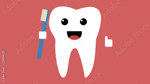 Cartoon happy tooth icon, healthy teeth concept smiling and holding toothbrush whilst giving a thumbs up, red background