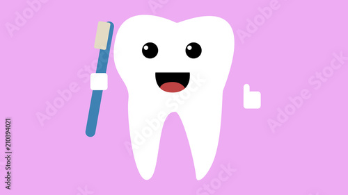 Cartoon happy tooth icon, healthy teeth concept smiling and holding toothbrush whilst giving a thumbs up, pink background