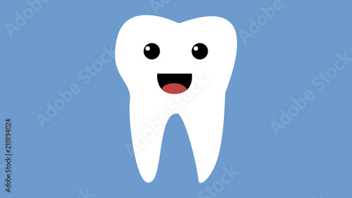 Cartoon happy tooth icon, healthy teeth concept smiling and holding toothbrush whilst giving a thumbs up, blue background