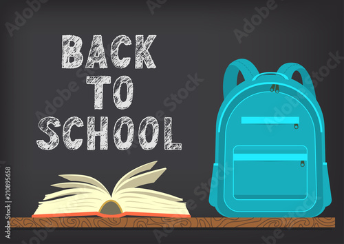 Back to school. Blue school backpack and open book on blackboard background with hand written lettering. Vector illustration.
