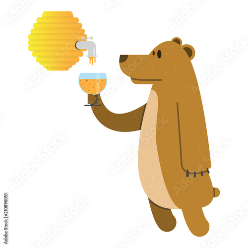 bear drinks honey from a beehive,wild animal drinks mead,vector image, flat design, cartoon character