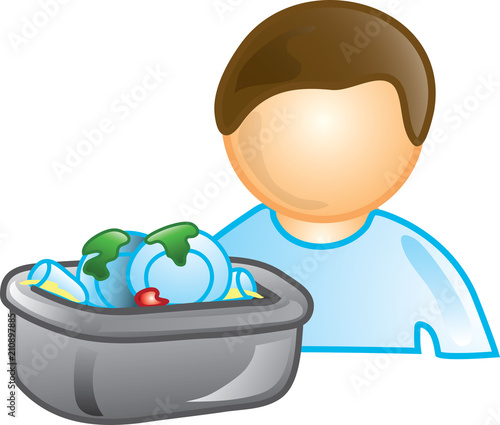 Illustration of a busboy icon with a bus tub of dirty dishes. This icon is part of the food industry icon collection.