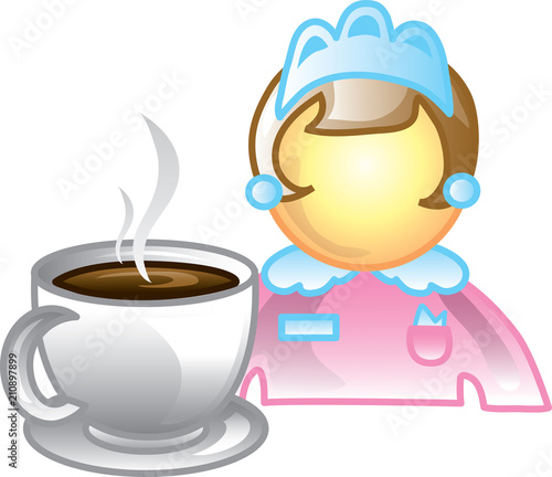 Illustration of a cafe waitress icon with a cup of coffee. This icon is part of the food industry icon collection.