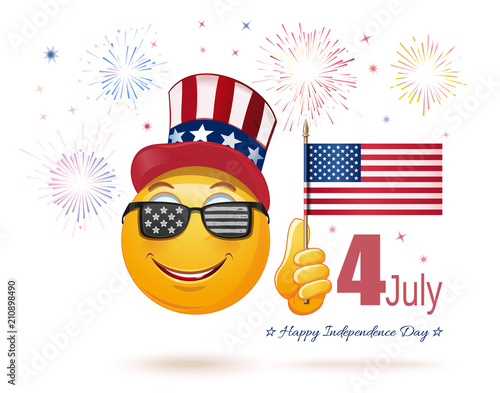 Glad emoticon face in Uncle Sams hat and the US flag in his hand. 4 July. Funny emoji celebrates Independence Day. Vector illustration
