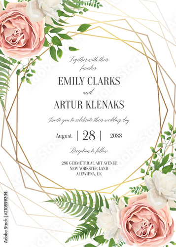 Wedding floral invite, invtation card design. Watercolor lavender pink rose, white garden peony flowers blossom, green leaves, greenery fern leaves & golden geometrical frame. Vector romantic template