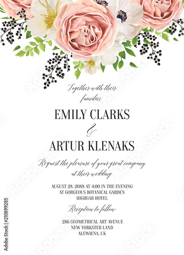 Wedding floral watercolor invitation, save the date card design with blush pink roses, creamy, white anemones, magnolia flowers, forest green fern leaves greenery and berries decoration. Vector layout
