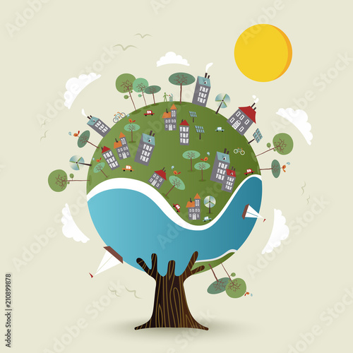 Green planet earth tree with sustainable city