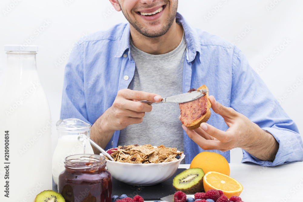 young breakfast dipping the toast with jam and full healthy young breakfast dipping the toast with jam and full healthy