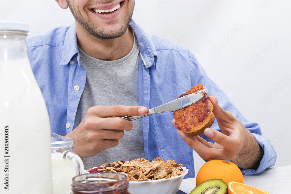 young breakfast dipping the toast with jam and full healthy young breakfast dipping the toast with jam and full healthy