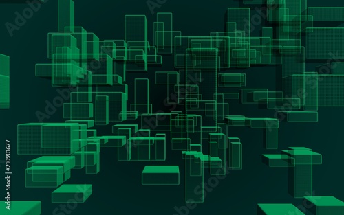 Green and dark abstract digital and technology background. The pattern with repeating rectangles. 3D illustration