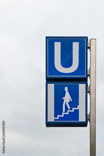 Munich, Germany - June 9, 2018 : A large U- Bahn subway sign in Munich, Germany. About 350 million passengers ride the U-Bahn every year.
