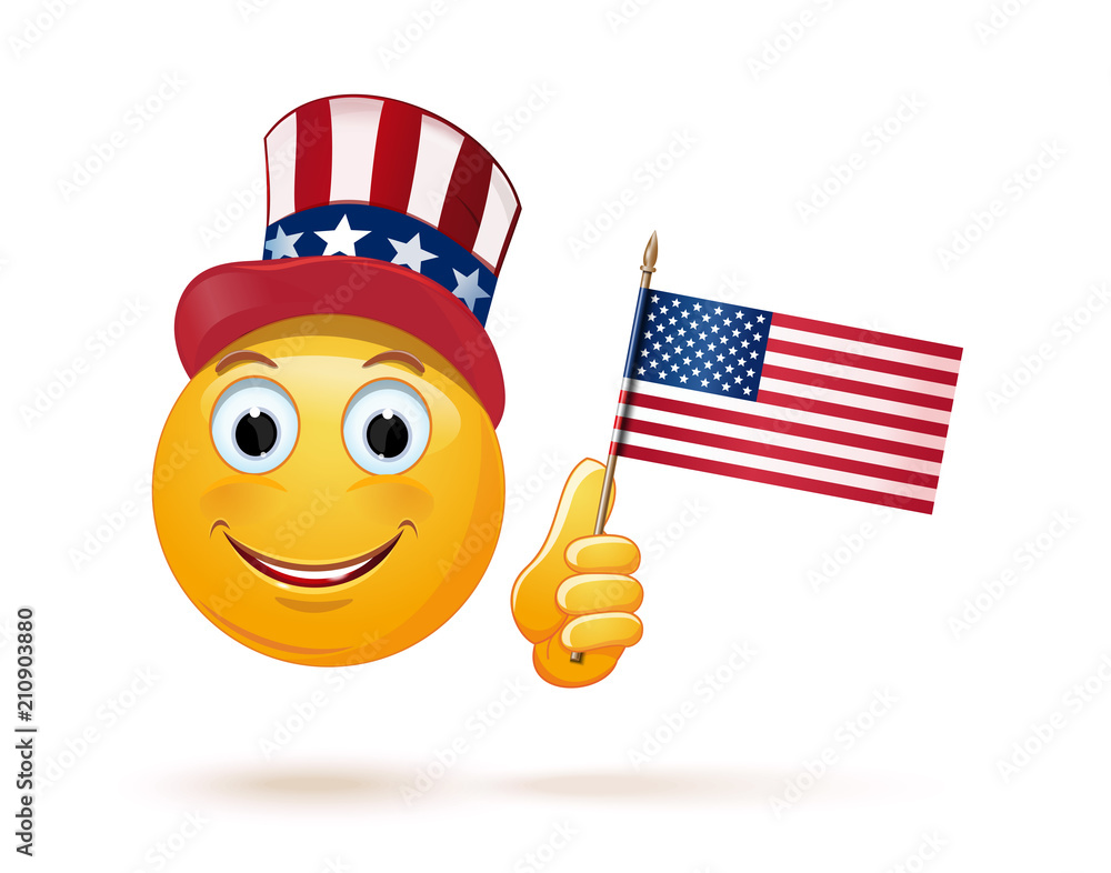 Funny emoji celebrates US Independence Day. Glad emoticon face in Uncle  Sams hat and the USA flag in his hand. Vector illustration isolated on  white background Stock Vector | Adobe Stock