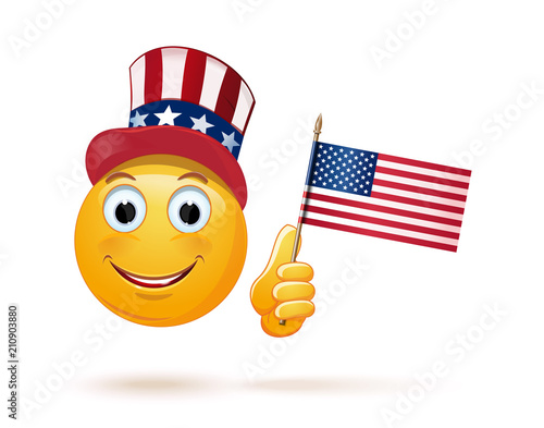Funny emoji celebrates US Independence Day. Glad emoticon face in Uncle Sams hat and the USA flag in his hand. Vector illustration isolated on white background