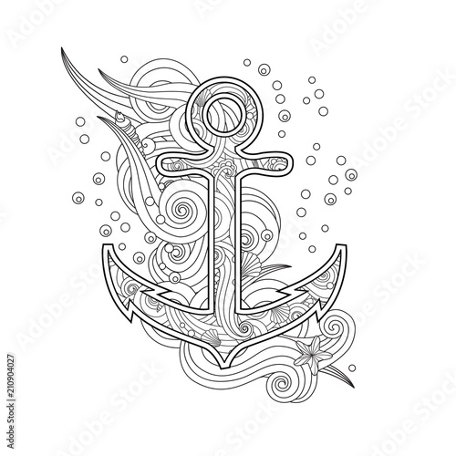 Contour image of anchor in zentangle inspired doodle style isolated on white. Coloring book page for adult and older children.