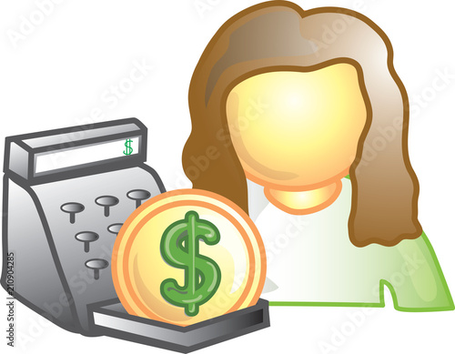 Illustration of a cashier icon with money and a register. This icon is part of the food industry icon collection.