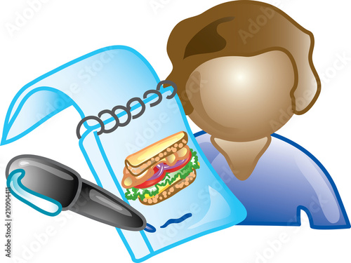 Illustration of a deli waitress icon with a pen and a notepad. This icon is part of the food industry icon collection.