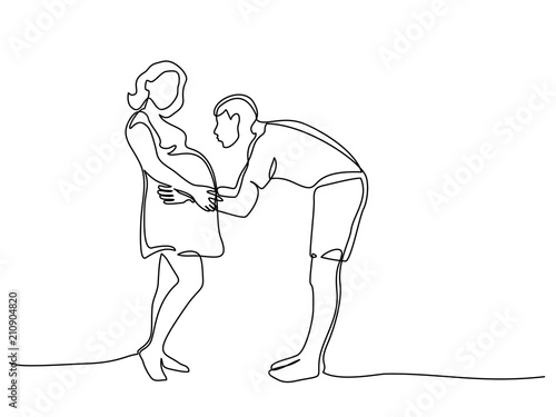 Continuous line drawing. Happy pregnant woman walking with her husband, silhouette picture. Vector illustration