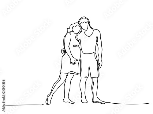 Continuous line drawing. Happy pregnant woman walking with her husband, silhouette picture. Vector illustration
