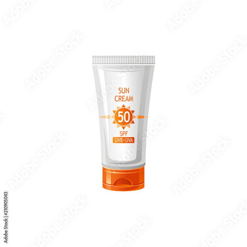 Vector illustration eps10, isolated background. Realistic cosmetics tubes symbol, 3d beauty suntan lotion packaging mockup. Cartoon cute icon body skin care tube 50 spf, flat elegant sea beach sign