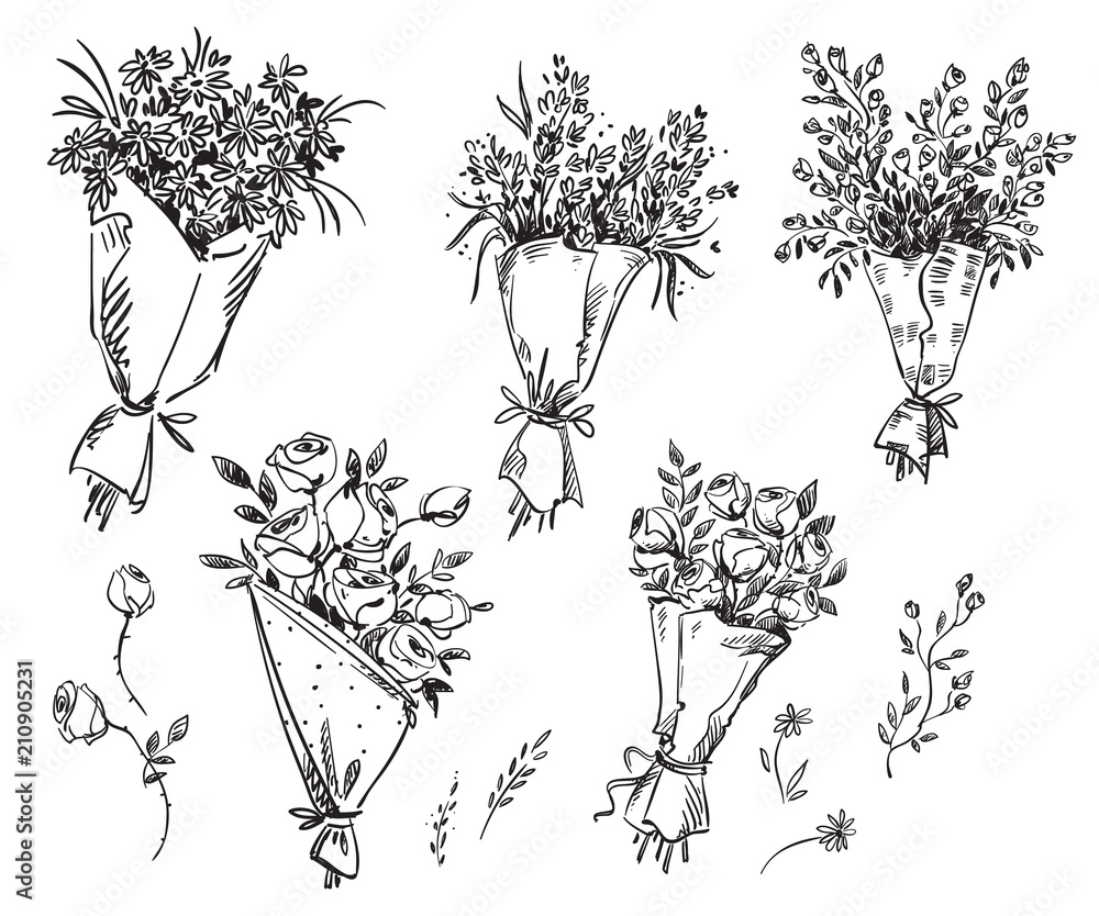 Fototapeta premium Zestaw bukietów wyciągnąć rękę, szkic wektor