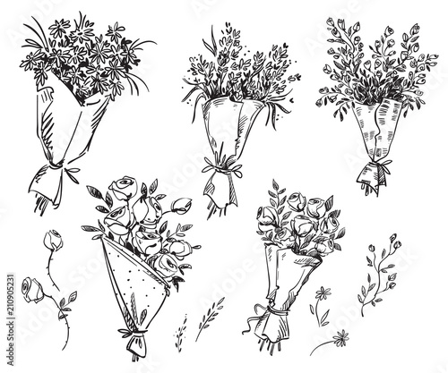 Set of hand drawn bouquets, vector sketch