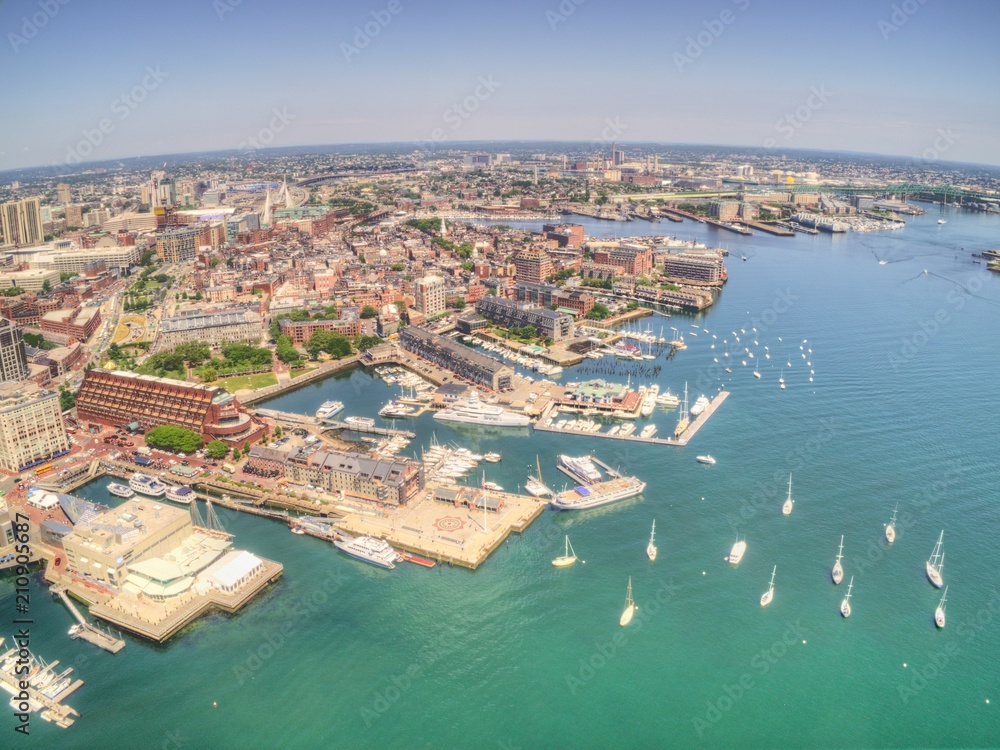 Fototapeta premium Boston, Massachusetts Skyline from above by Drone during Summer Time