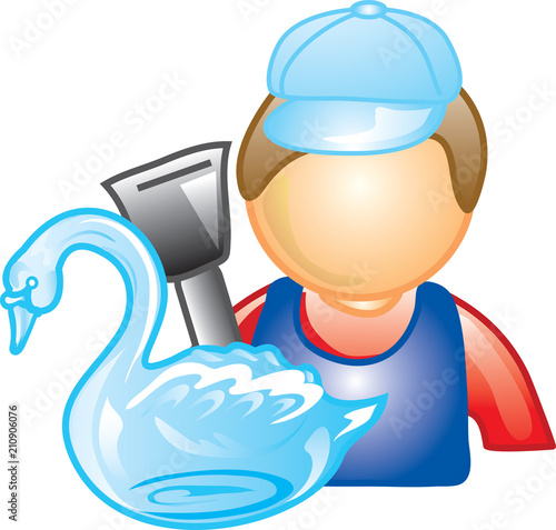 Illustration of a ice sculptor icon with an ice swan and a chisel. This icon is part of the food industry icon collection.