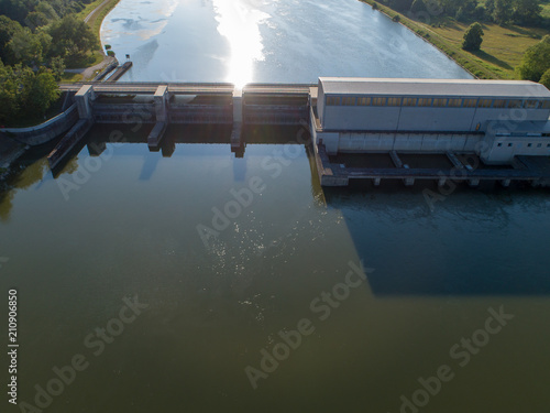 Aerial view of a hydro electric power plant at danube river