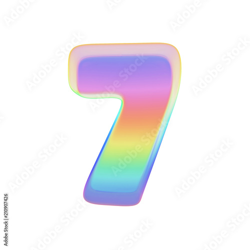 Alphabet number 7. Rainbow font made of bright soap bubble. 3D render isolated on white background.