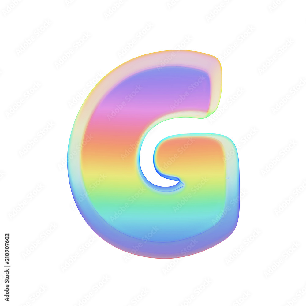 Alphabet letter G uppercase. Rainbow font made of bright soap bubble. 3D render isolated on white background. Alphabet letter G uppercase. Rainbow font made of bright soap bubble. 3D render isolated on white background.