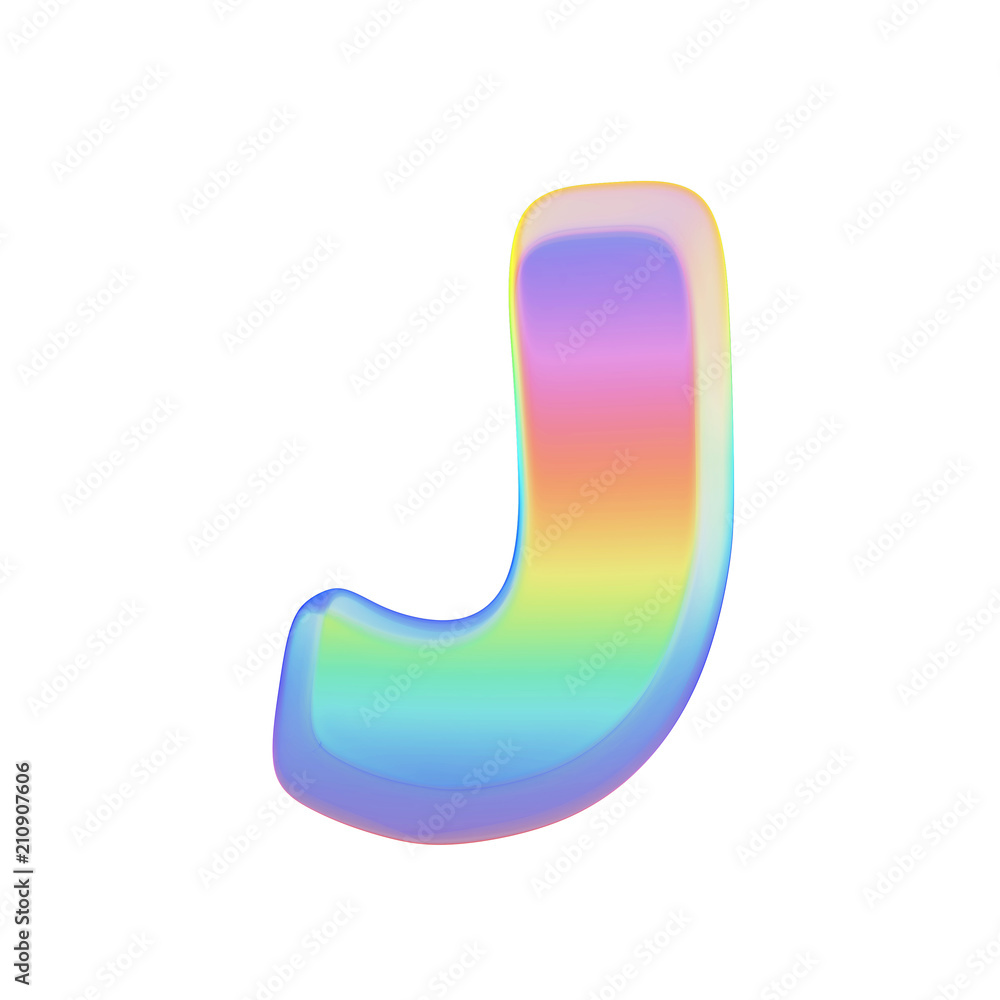 Alphabet letter J uppercase. Rainbow font made of bright soap bubble. 3D render isolated on white background. Alphabet letter J uppercase. Rainbow font made of bright soap bubble. 3D render isolated on white background.