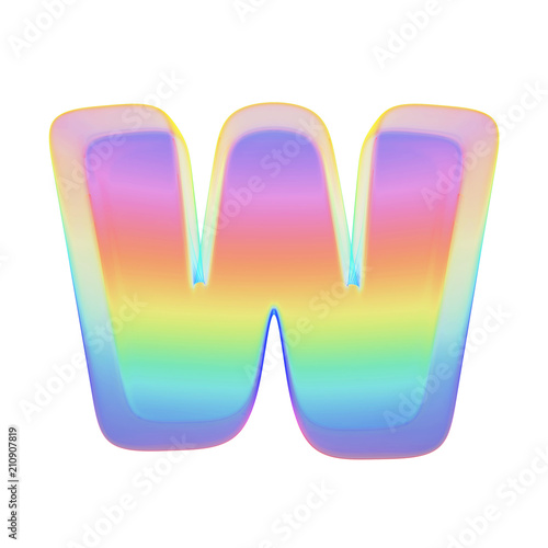 Alphabet letter W uppercase. Rainbow font made of bright soap bubble. 3D render isolated on white background.