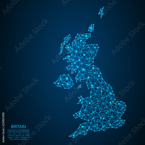 A map of Britain consisting of 3D triangles, lines, points, and connections. Vector illustration of the EPS 10.