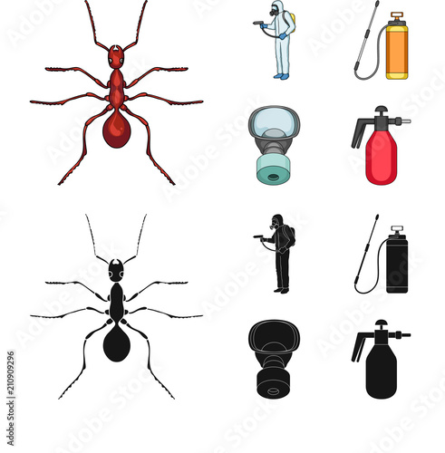 Ant, staff in overalls and equipment cartoon,black icons in set collection for design. Pest Control Service vector symbol stock web illustration.