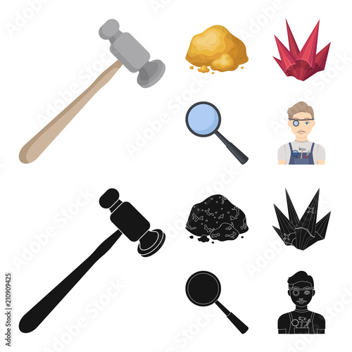 A jeweler hammer, a magnifier, a copper ore, a crystal. Precious minerals and a jeweler set collection icons in cartoon,black style vector symbol stock illustration web.