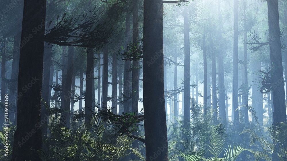 Obraz premium Light among the trees. Sunlight in the forest. Pine forest at dawn. Pine trees in the light. 3D rendering