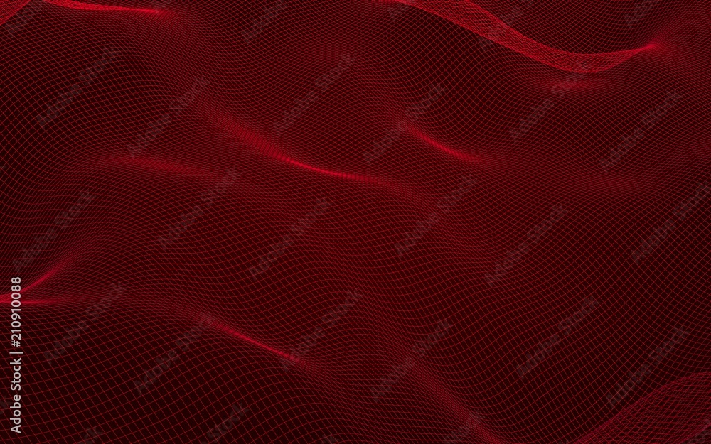 Abstract landscape on a red background. Cyberspace grid. Hi-tech network. . 3D illustration