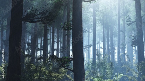 Fototapeta Naklejka Na Ścianę i Meble -  Light among the trees. Sunlight in the forest. Pine forest at dawn. Pine trees in the light.
3D rendering