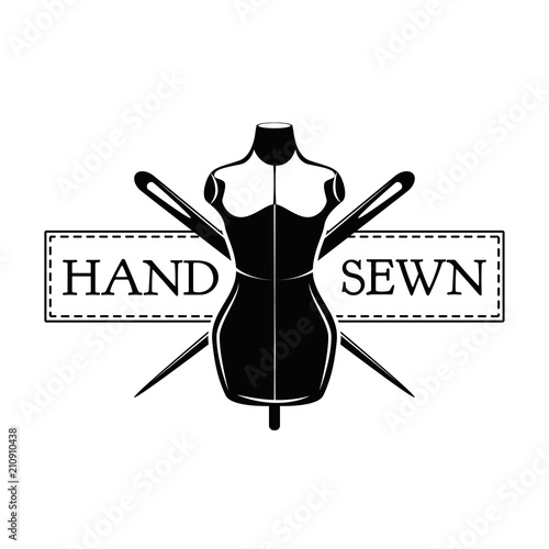 Vintage sewing mannequins. Female body dummy silhouette. Tailors mannequins. Hand sewn inscription. Vector.