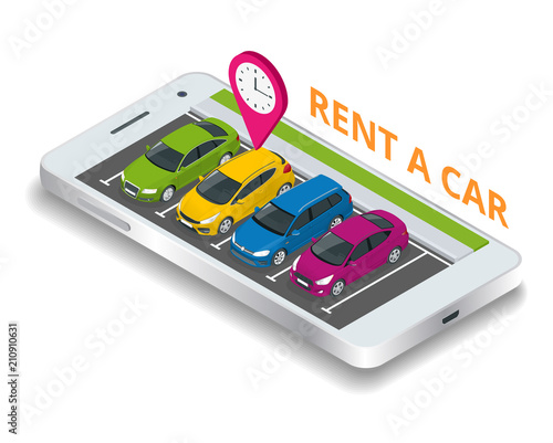 Renting a new or used car. car rental booking reservation on mobile smartphone. Used cars app. Vector illustration background.