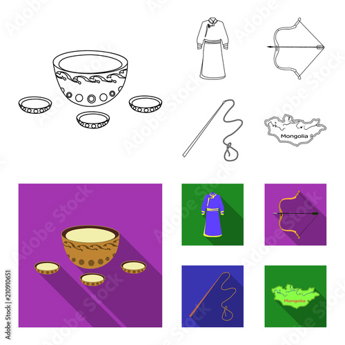 .mongol dressing gown, battle bow, theria on the map, Urga, Khlyst. Mongolia set collection icons in outline,flat style vector symbol stock illustration web.