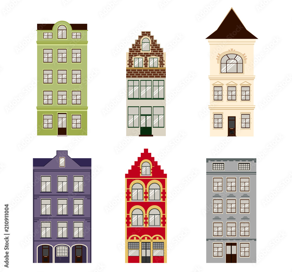 Cute retro houses exterior set. Collection of European building facades. Traditional architecture of Belgium and Netherlands. Vector icons