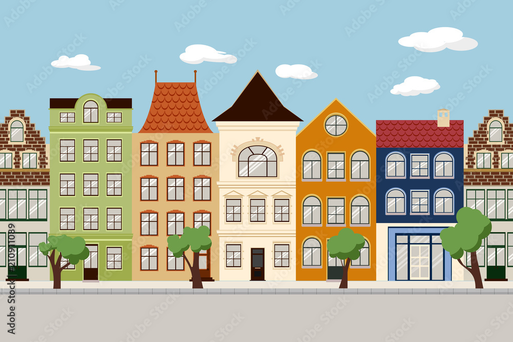 Seamless Border of Cute retro houses exterior. Collection of European building facades. Traditional architecture of Belgium and Netherlands