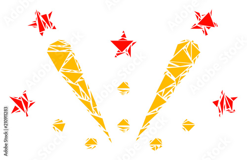 Fireworks explosion mosaic of triangle items in variable sizes and shapes. Vector polygons are grouped into fireworks explosion mosaic. Geometric abstract vector illustration.