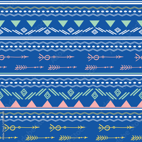 Blue pink tribal arrows seamless pattern. Great for folk modern wallpaper, ba...