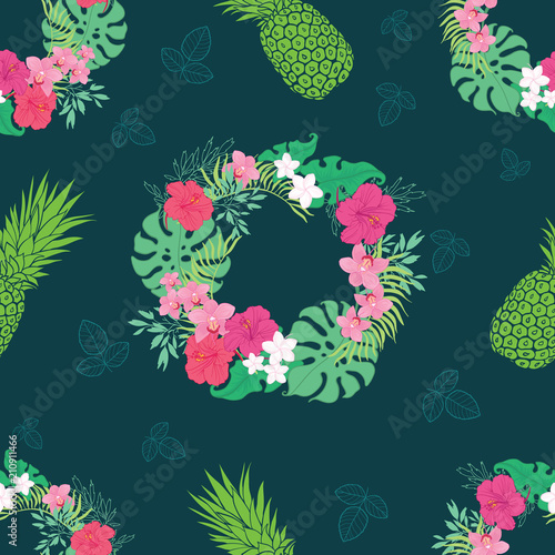 Tropical orchid hibiscus flowers wreath pattern. Great for summer exotic wall...