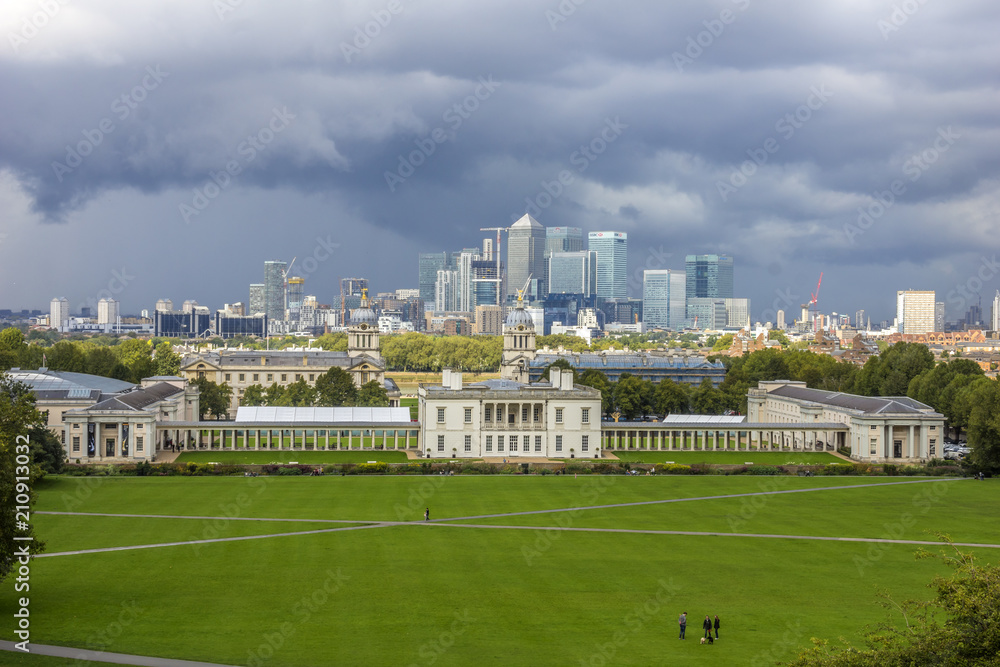 Skyline of the Canary Wharf business district of London. The Royal Naval College is in the foreground.