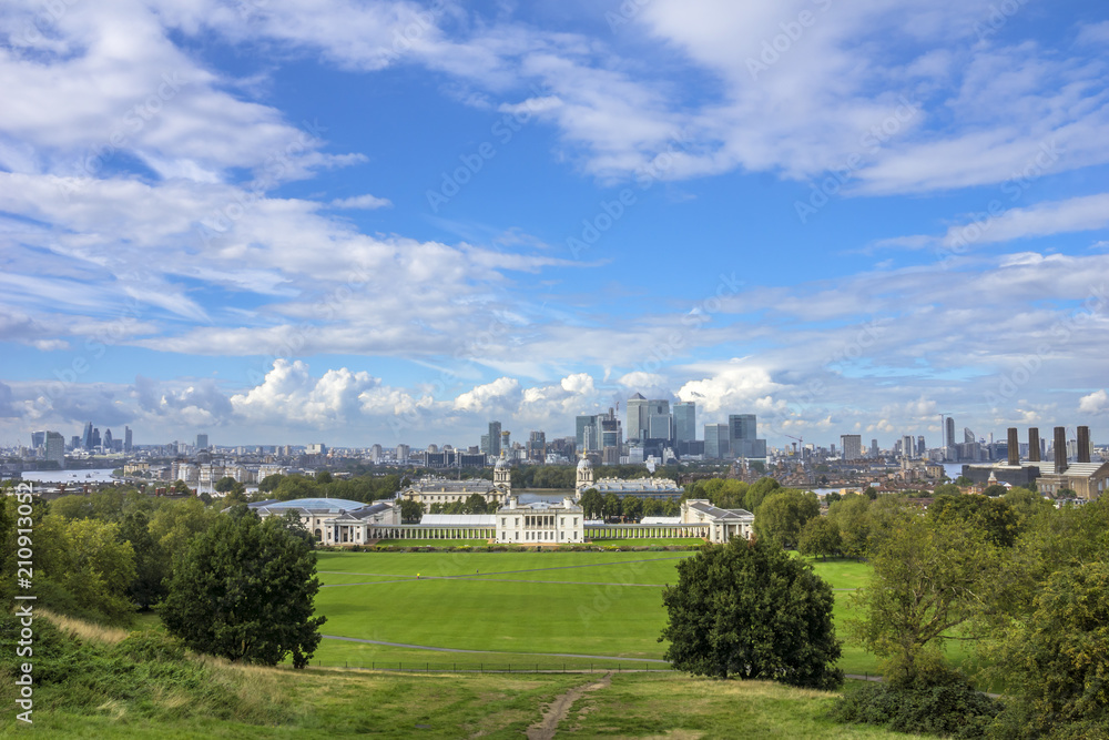 Skyline of the Canary Wharf business district of London. The Royal Naval College is in the foreground.