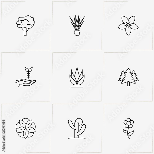 Plants line icon set with flower, cactus and tree